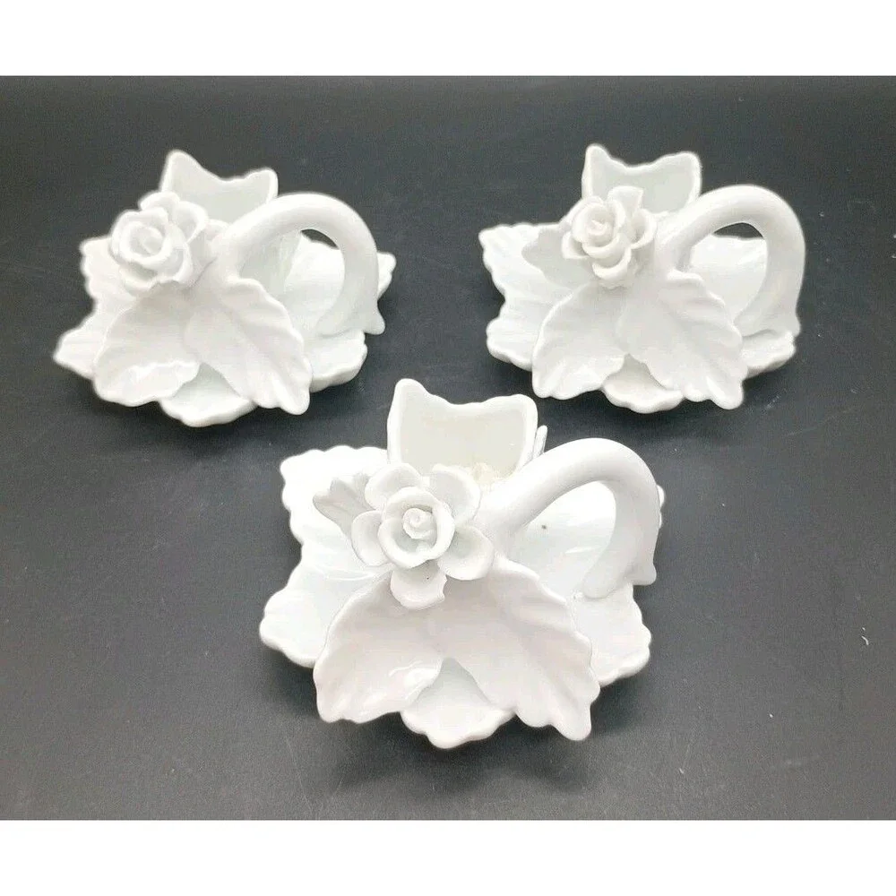 Trio Of White Rose Candle holders Handle Capodimonte Taper Delicate Damaged